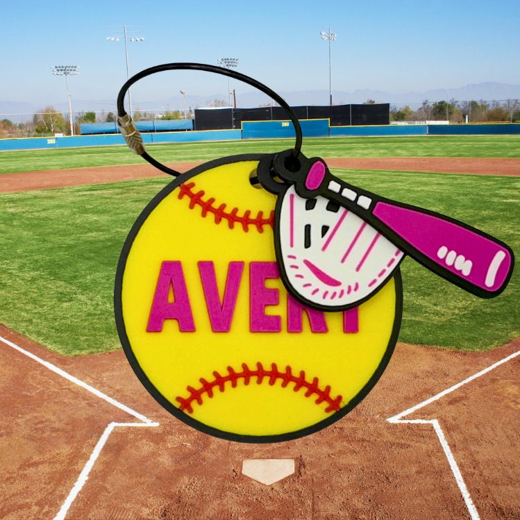 Softball bag tag "Avery" in pink with softball bat and glove
