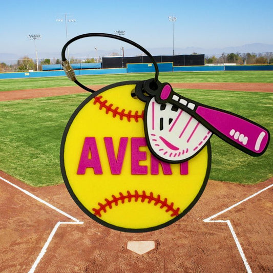 Softball bag tag "Avery" in pink with softball bat and glove