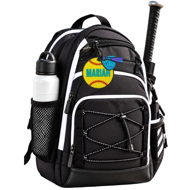 Softball tags for bags on backpack