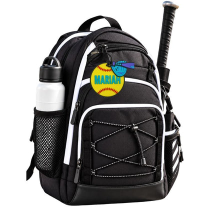 Softball tags for bags on backpack