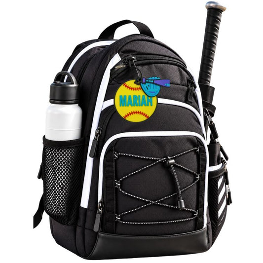 Softball tags for bags on backpack